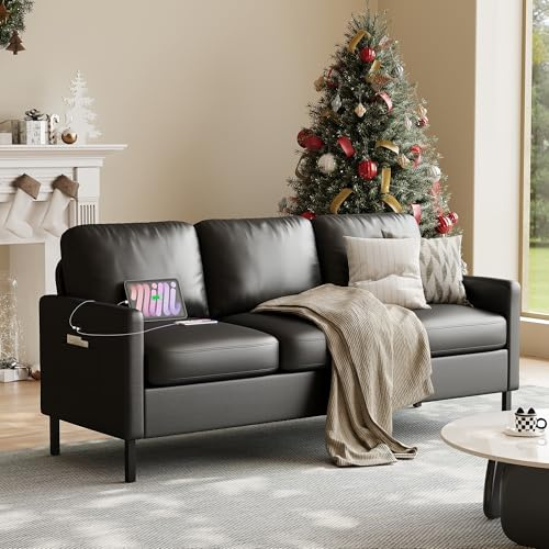 72'' Black Faux Leather 3-Seater Couch with USB, Small Sofa for Living Room