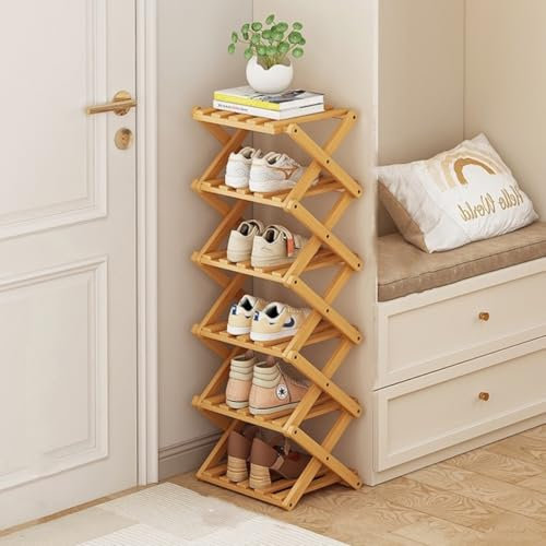 XZXWZX Faltbares Schuhregal aus Bambus, Schuhablage für den Eingangsbereich, Schrank, Schlafzimmer, Flur, naturfarben, funktional, multifunktional (Holzoptik), 6 Ebenen