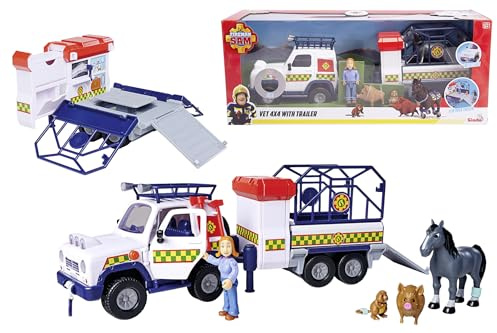 Feuerwehrmann Sam 109252624038 Anhänger Tierrettung, bewegliche Figur Lizzie 7,5 cm und 3 Tierfiguren, Lichteffekte, offizielles lizensiertes Spielzeug aus der Serie