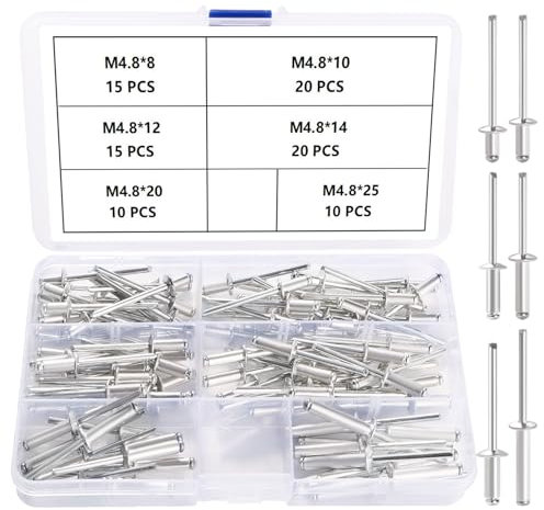 YIXISI 90 Stücke 6 Größen M4.8 Aluminium Blindnieten Satz, Große Flansch Blindnieten, Dome Blind Nieten, für Metall Holz Aufbewahrungsbox Möbel Kunststoff