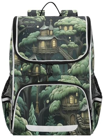 Linnyio Cartoon Baumhaus Büchertasche, Studentenrucksack, Große Tasche für Mädchen Jungen