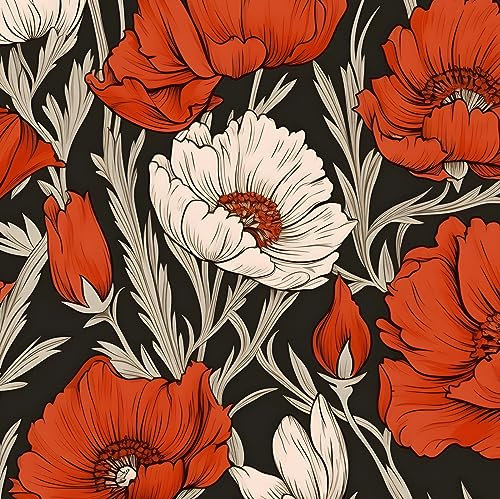 XRUIBZI Red Floral Wallpaper Peel and Stick Vinyl Wallpaper Stick and Peel Black Contact Paper for Cabinets Waterproof Self Adhesive Wall Paper for Kitchen Countertop Wall 44.5cmx300cm