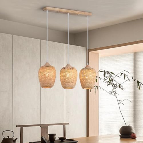 CNMKLM Suspension Boho rustique Lustre côtier avec cage en rotin tressé à la main 3 Luminaires Farmhouse Osier Plafonnier Suspension de plafond pour îlot de cuisine salle à manger chambre à coucher(C)