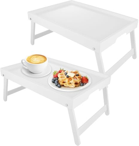 AHAQU 2PCS Bed Tray with Folding Legs, 41.5x30x20.5cm Bamboo Bed Tray Table, Breakfast Tray Snack Tray for Bed, Sofa, Multipurpose Lap Tray for Eating, Working, Serving- White