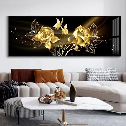 JLCZBT Tableau mural moderne pour salon - Noir - Feuille de plante dorée - Image sur toile - Rose dorée - Grand tableau mural sur toile - Sans cadre - Noir doré - 30 x 90 cm