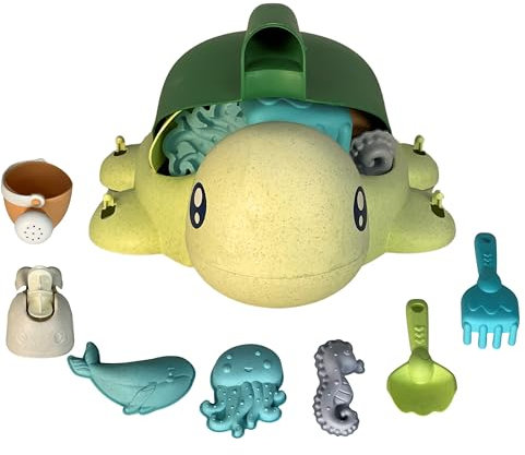 BEST SPORTING Strand Set Schildkröte I Sandspielzeug für Kinder ab 3 Jahren I 7-teiliges Set: Schaufel, Harke, Gießkanne, Sandformen und Wassermühle I Spaß im Sand, am Strand und im Garten