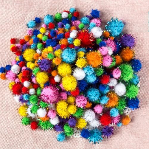 Blausky 400 Stück Plush Pompons mit Bunt Glitzer,Mini Pompons,Rund Pompon,Flauschigen Plüsch Bälle,Pompons zum Basteln,für Ostern DIY Kreativen Handwerk Nähen Dekorationen,Gemischte Größen,Bunt