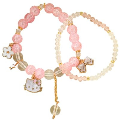 Yoimckay Lot de 2 bracelets Kitty Kät, Alliage, verre