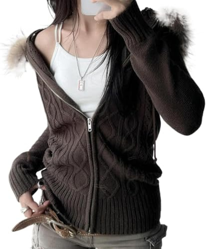 LLECDASEUI Faux Fur Trim Hoodies for Women, Y2k Cable Knit Long Sleeve Cropped Sweatshirt, Zip Up Slim Jacket with Fur Hood