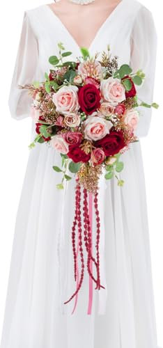 Floinla Bouquet da sposa a cascata, rosso bordeaux e rosa, bouquet da sposa per damigella d'onore, 25,4 cm, bouquet di fiori artificiali per decorazione di nozze