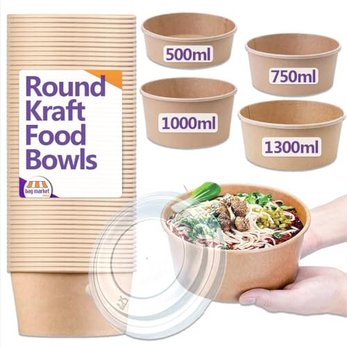Bag Market | 50 x Kraft Takeaway Food Bowls with Clear Plastic Lids - Round Paper Salad Bowls for Deli, Pasta, Rice, Dessert - Street Food Containers (Large - 1000ml / 35oz)