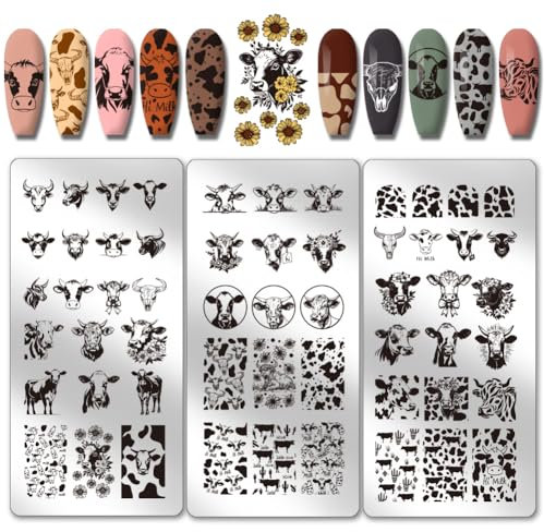PH PandaHall 3pcs Kuh-Thema Nagel Stamping Plates 56 Muster Kuhflecken Nagelkunstschablonen Niedliche Tier Maniküre Kunst Schablonen Leopard Nägel Bild Platten für Frauen Maniküre Design Druckzubehör