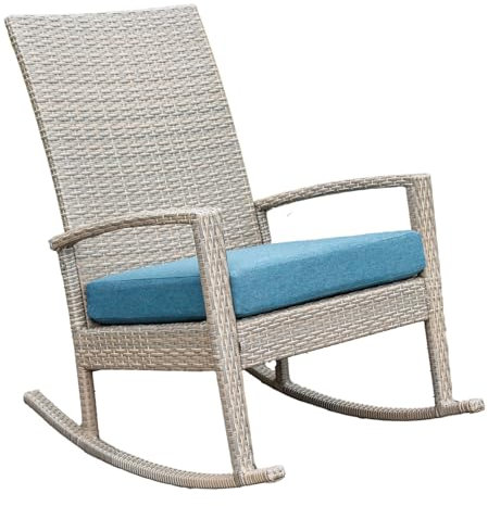 Ogarden Rocking Chair, Garten schaukelstuhl wetterfest, Poly Rattan Outdoor Schaukelstuhl, Schaukelsessel mit Kissen, für Garten, Terrasse, Balkon, Relaxsessel Gartenstuhl (Creme - Blaues Kissen)