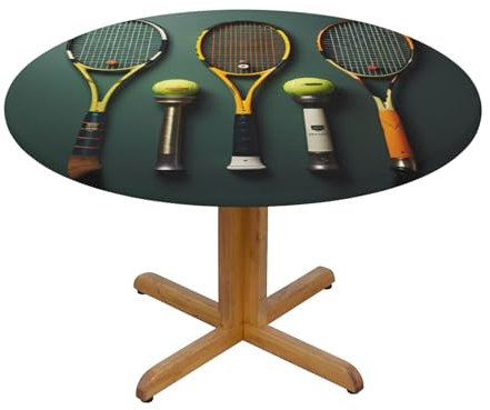 WZYWHJ Runde Tischdecke mit Tennisbällen und Schlägern, wasserdicht, widerstandsfähig, knitterfrei, für Esstisch, Dekoration, Tischdecke