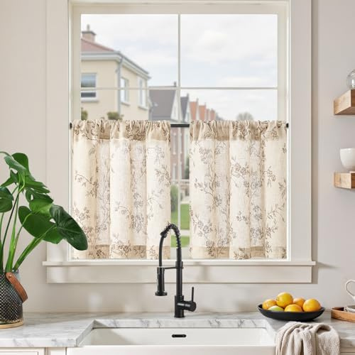 TOPICK Leinen Scheibengardinen 65B x 60H (cm) Blumen Küchenvorhänge Kurz Bedrucktem landhausstil Bistrogardine Halbtransparent Gardinen Fenster Vorhänge für Frühling küche 2er Set Brown auf Weiß