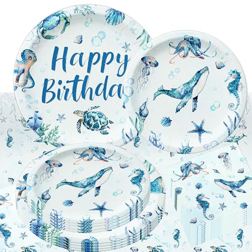 LaVenty Blue Ocean Plates and Napkins Under The Sea Decorations Sea Animal Underwater Beach Summer Birthday Party Supplies