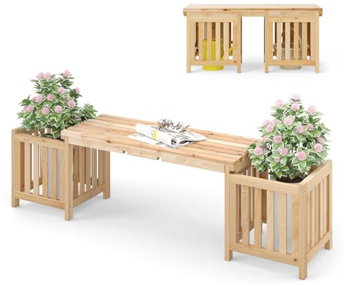 COSTWAY Blumenkasten mit Gartenbank, Holzbank mit 2 seitlichen Pflanzkästen, 2-Sitzer Sitzbank aus Holz, Bank Outdoor, für Garten, Balkon und Terrasse, 173 x 40 x 48 cm, Natur