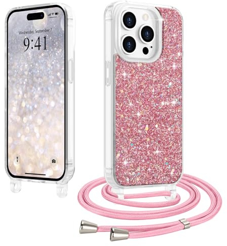 LCHULLE Crossbody Lanyard Case for iPhone 14 Pro Max with Strap, Rose | Adjustable Removable Neck Strap, Sparkle Glitter Phone Cover for Women, Clear TPU Bumper, Shockproof Drop Protection