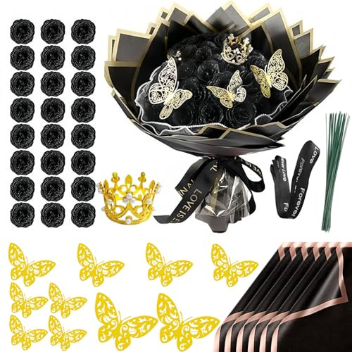 Chingcoo 24 pezzi bouquet di rose artificiali glitterate – fai da te con corona, carta da regalo e nastro con fiocco, decorazione e regalo per San Valentino, matrimonio, anniversario, compleanno