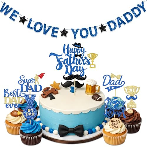 14PCS Happy Fathers Day Cupcake Toppers with Blue Banner Trophy We Love You Daddy #1 Dad Glitter We Love You Daddy Banner Fathers Day Cake Decorations fathers day Party Supplies Decoration Kit