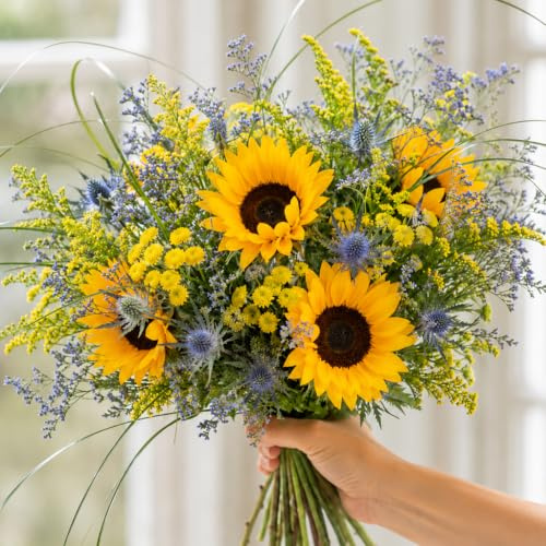 Sommerliche Blumenwiese – Wiesenblumenstrauß mit Sonnenblumen inklusive Grußkarte