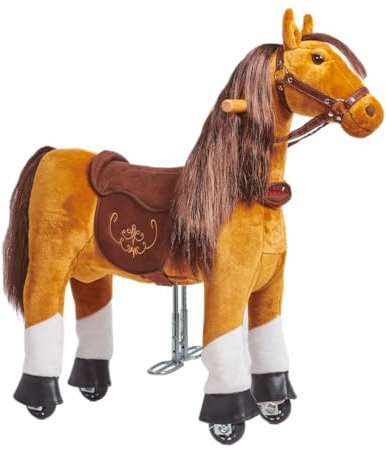 PONNIE Reitpferd mit Rollen Fancy S (3-6 Jahre), Spielpferd zum Reiten mit Abnehmbarer Braun Sattel und Halfter mit Zaumzeug, Kämmbare Mähne und Schwanz, Plüschpferd zum Reiten für Kinder