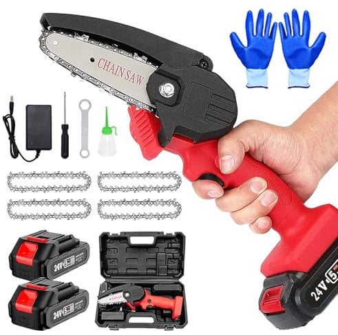 Bifrost Mini Kettensäge mit Akku 4 Zoll, Akku Kettensäge Elektro Einhand Motorsäge Elektrische Akku Handkettensäge mit 2 2.0AH Akkus und 4 Ersatzkette,Red