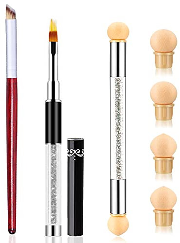 SILPECWEE 3Pcs Acrylic Nail Ombre Brush Set Double-Head Sponge Pen Wooden Nail Gradient Brush With 4Pcs Replaceable Sponge Manicure Tools