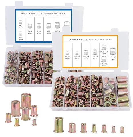 EilxMag Rivet Nut Tool Kit, 400pcs SAE & Metric Rivet Nut Assortment Kit, Carbon Steel Flat Head Inserts Nutserts for Metal(Standard #6 to 1/2, M3 to M12, 14 Sizes)