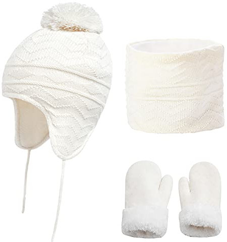 Yutdeng Bonnet et Écharpe Mignon Fille Chaud Confortable Gants Chapeau Ensemble Tricoté Cache-Cou Pom Chapeau Earflap Hiver Oreille Beanie Mitaines Enfant 1-6ans,Blanc,S