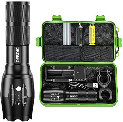 Ceboic Linterna LED Alta Potencia, 2000 Lúmenes Potentes Táctica Militar Recargable Linterna de Mano, 5 Modos Zoomable Impermeable Antorcha con Batería para Camping Ciclismo Emergencia