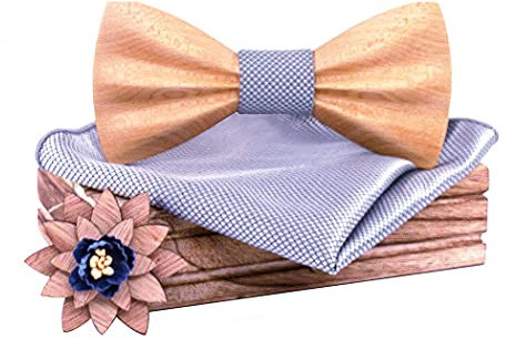 HZQIFEI Jeu de Nœud Papillon en Bois, Noeud Papillon Bois avec Carré de Tissu et Broche en Bois pour Cadeau, Réception, Mariage (C13, 3Pcs)