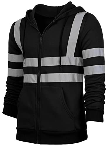 AUBIG Herren Sicherheitsjacke Kapuzen Sweatshirt Reflektierend Jacke Warnjacke Verkehr Arbeitsjacke Warnschutzjacke Schwarz XXL