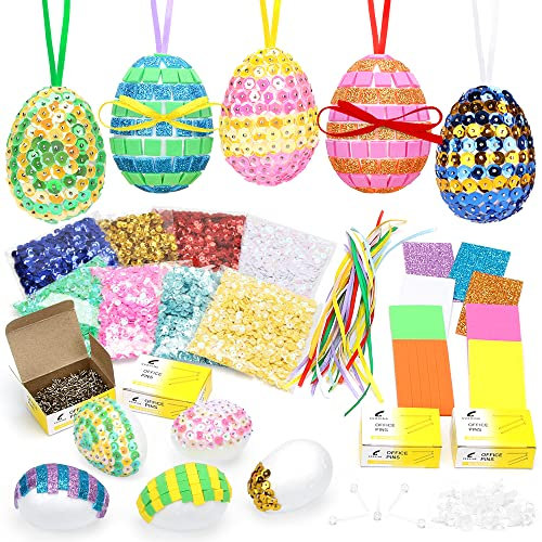 Sprinlot Ostereier Styropor Bastelset, 25 Stück Oster Styroporeier zum Basteln Set, Ostereier zum diy Inklusive Bunte Pailetten, Stecknadeln, Selbstkle Stickers