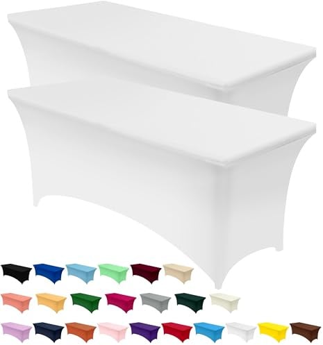 Utopia Kitchen Spandex Tablecloth 2 Pack [5FT, White] Tight, Fitted, Washable and Wrinkle Resistant Stretch Rectangular Patio Table Cover for Event, Wedding, Banquet & Parties [60Lx30Wx30H Inch]