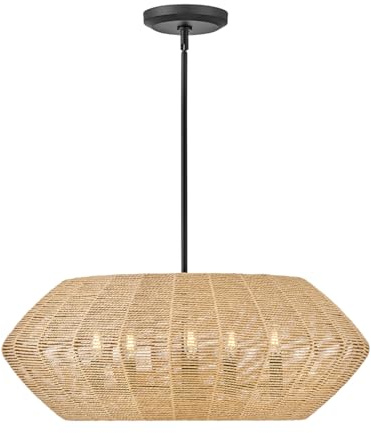 Hinkley Luca Medium Convertible Drum Pendant Chandelier - Lisa McDennon, Bohemian, 5-Light, Coastal - Black with Camel Colored Woven Shade
