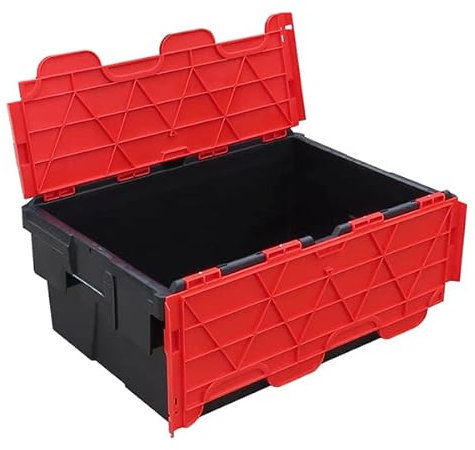 Pack of 1 - Plastic 45 Litre Heavy Duty Storage Box Tote Crates (60 x 40 x 25.5cm) Plastor Black Body with Red Attached Hinged Lids