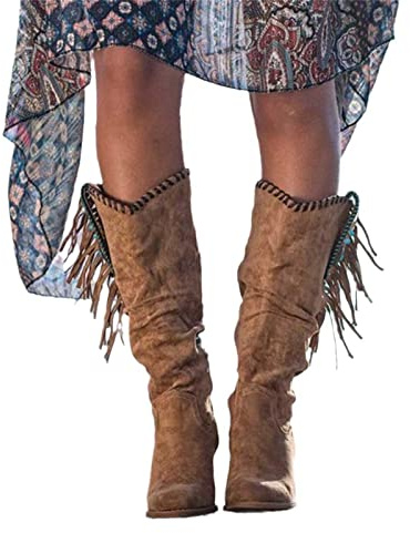 Stivali da Cowboy Occidentali retrò Boots alla Caviglia Alti da Donna con Frange Stivali Casual alla Moda con Stelo Lungo Scarpe Invernali con Punta Tonda in Pelle Scamosciata
