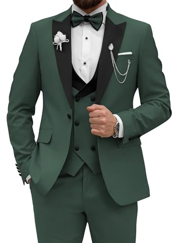 Wangyue Men's Tuxedo Suit 3 Piece Slim Fit Suit for Men Tuxedo for Men Wedding Party Dinner Prom, Dark Green, S