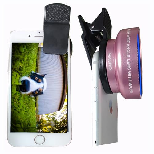 Fisheye Lens per iPhone grandangolare obiettivo macro kit per iPhone 14 13 12 11 X XS Xr Se 8 pro max Mini Samsung quasi tutti i telefoni Obiettivo fotocamera 0.45x con clip e borsa PU (rosa dorata)..