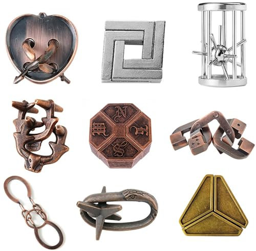 Holzsammlung 9 Stück Knobelspiele im Set,Metall Knobelei IQ-Spiele Set IQ Test 3D Brainteaser Puzzle Metallpuzzle Geschenke für Kinder Teenager & Erwachsene Weihnachten Geschenk#A04