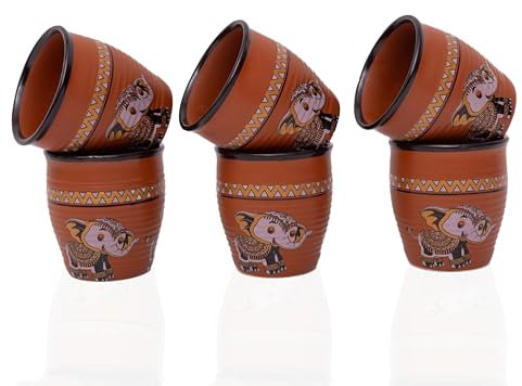 Lot de 6 tasses traditionnelles faites à la main Kulhar Kulhad Chai Thé Café Cantaritos en faïence émaillée Finition brillante Argile Terre cuite Artisanat Studio Poterie Mud Marron Qualité