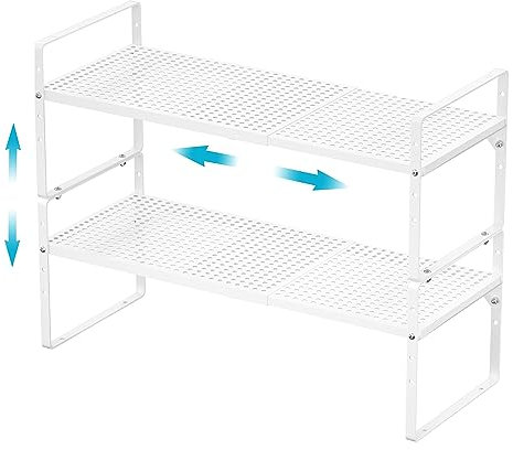 iPEGTOP Großes erweiterbares Schrank-Aufbewahrungsregal, robust, stapelbar, Stahl, Metall, höhenverstellbar, für Zuhause, Büro, Speisekammer, Garage, Regale für Theke, Küche, Organisation, Weiß, 2