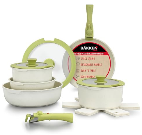 Bakken-Swiss Detachable 15-Piece Cookware Set – Granite Non-Stick – Eco-Friendly – Stackable Removable Handles – for All Stoves & Oven-Safe - Green/Cream Color