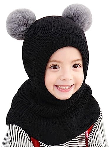 Qersh Schalmützen Kinder Mädchen Jungen Schlupfmütze Winter Mädchen Wintermütze Kinder Schalmütze Mützenschal Baby Mütze Kinder Mädchen Mütze mit Bommel Fellmütze Kinder für 2-7 (S004, 2-7 Jahre alt)