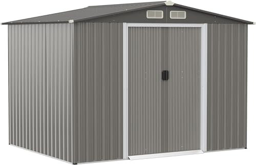 GOPLUS 5,4㎡ Abri de Jardin en Métal avec Base, Cabine de Jardin Extérieur Portes Coulissantes, Cabane de Rangement à Outils, 260 x 207x181cm, Toit Gris Foncé