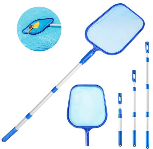 Pool Skimmer Net with Telescopic Pole, 100cm Heavy Duty Scoop Leaf Rake Swimming Pool Cleaning Accessory Fine Mesh Net Aluminum Pole for Hot Tubs Pond Fountain Spa Fish Tank Above Ground