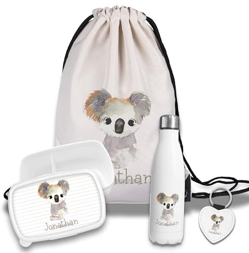 timalo Kinder Schulset Brotdose, Trinkflasche, Turnbeutel personalisiert mit Namen | Set Wasserflasche Edelstahl | Lunchbox mit Trennwand | Geschenk zur Einschulung & Kindergarten | 09- Koala