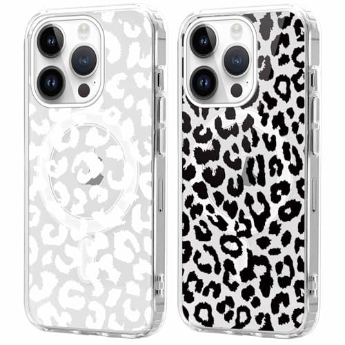 Xylota 2 Stück Magnetisch Hülle für iPhone 14 Pro 6.1 '' [Kompatibel mit MagSafe], Leopard Muster Mädchen Aesthetic Design Klare Handyhülle, TPU Stoßfeste Transparent Schutzhülle für iPhone 14 Pro