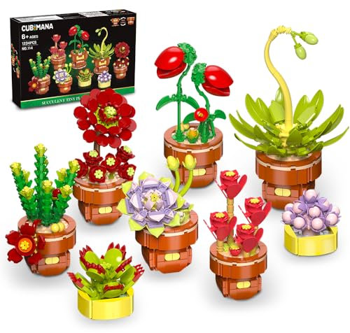 8 Suculentas Pequeñas - Juego Botánico de 1234 Piezas en Maceta para Amantes de las Flores, Árbol Bonsái, Bloques de Construcción, Flora, Cactus, Proyectos